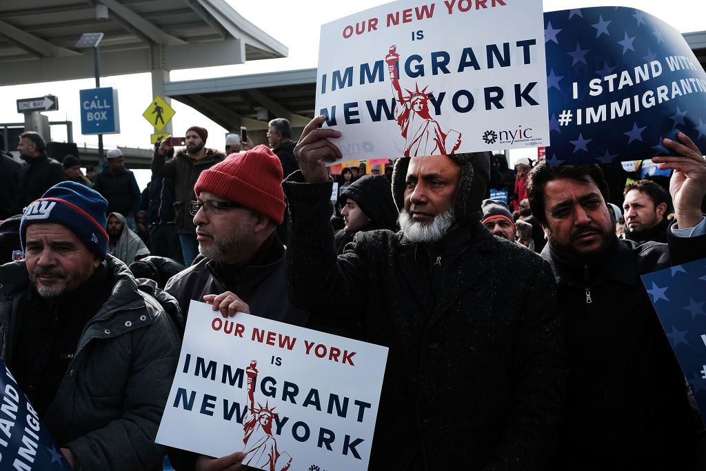Muslim men demonstrate JFK airport to protest President Donald Trump's immigration ban, February 3, 2017 <br>